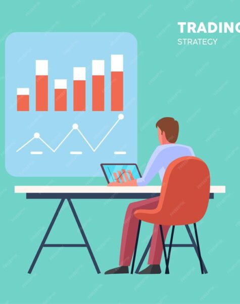 lecturer-is-presenting-about-trading-chart-by-online-with-laptop-colored-flat-vector-illustration_612079-129